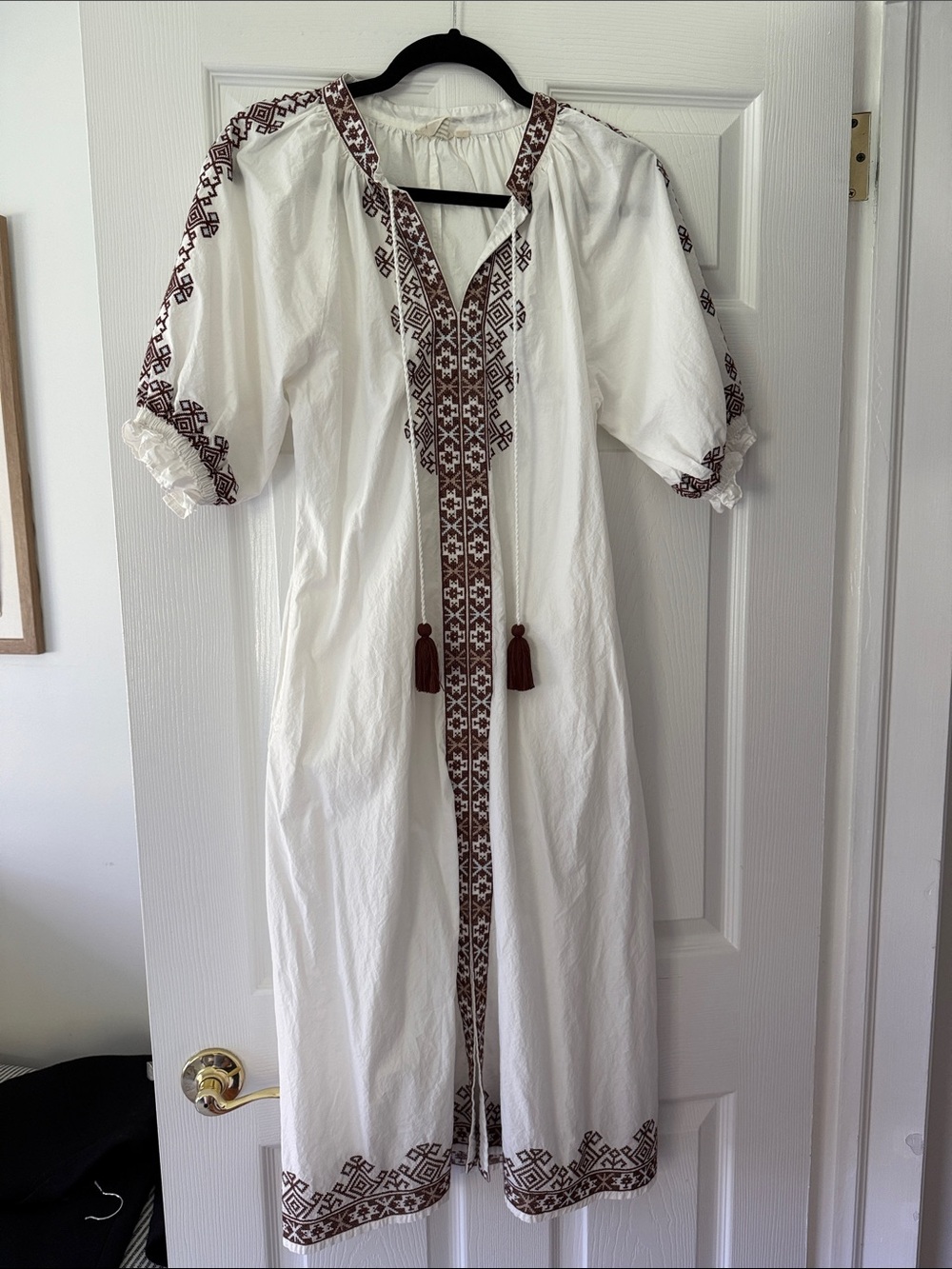 Julia Amory Embroidered White Midi Dress with Brown Trim